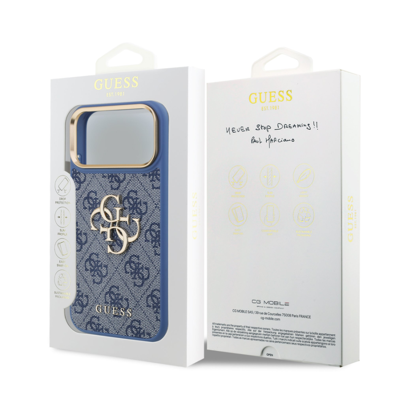 Guess PU Leather 4G Metal Logo Gold Frame Case for iPhone 18 Pro Max Blue