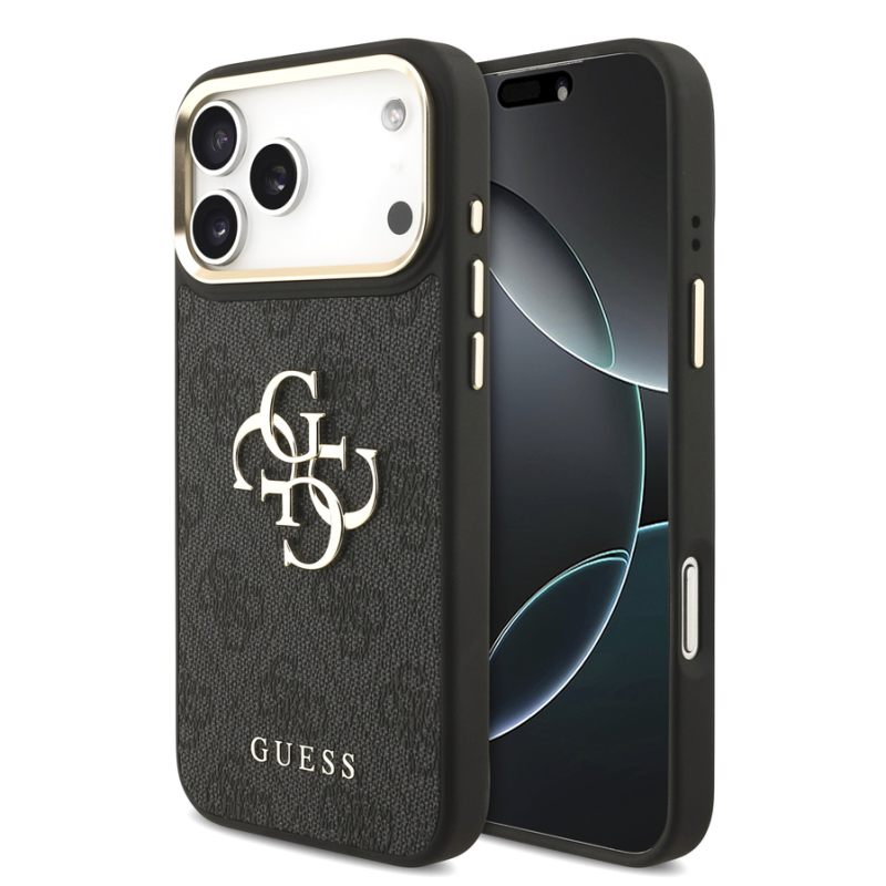 Guess PU Leather 4G Metal Logo Gold Frame Case for iPhone 18 Pro Max Black