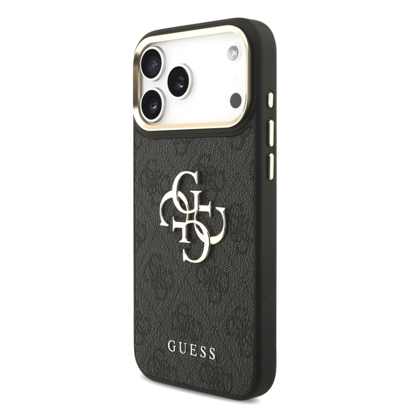 Guess PU Leather 4G Metal Logo Gold Frame Case for iPhone 18 Pro Max Black