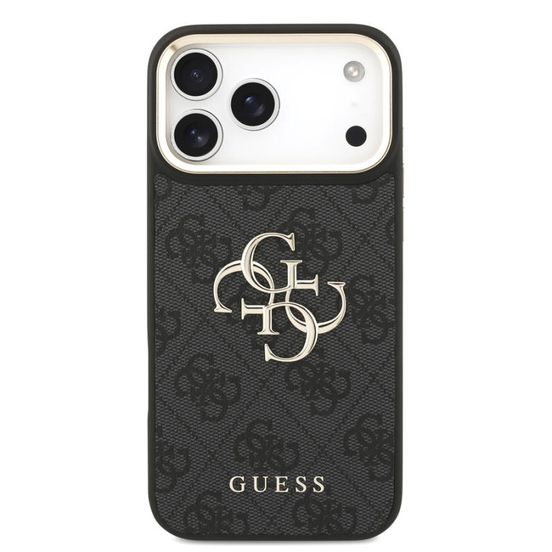 Guess PU Leather 4G Metal Logo Gold Frame Case for iPhone 18 Pro Max Black