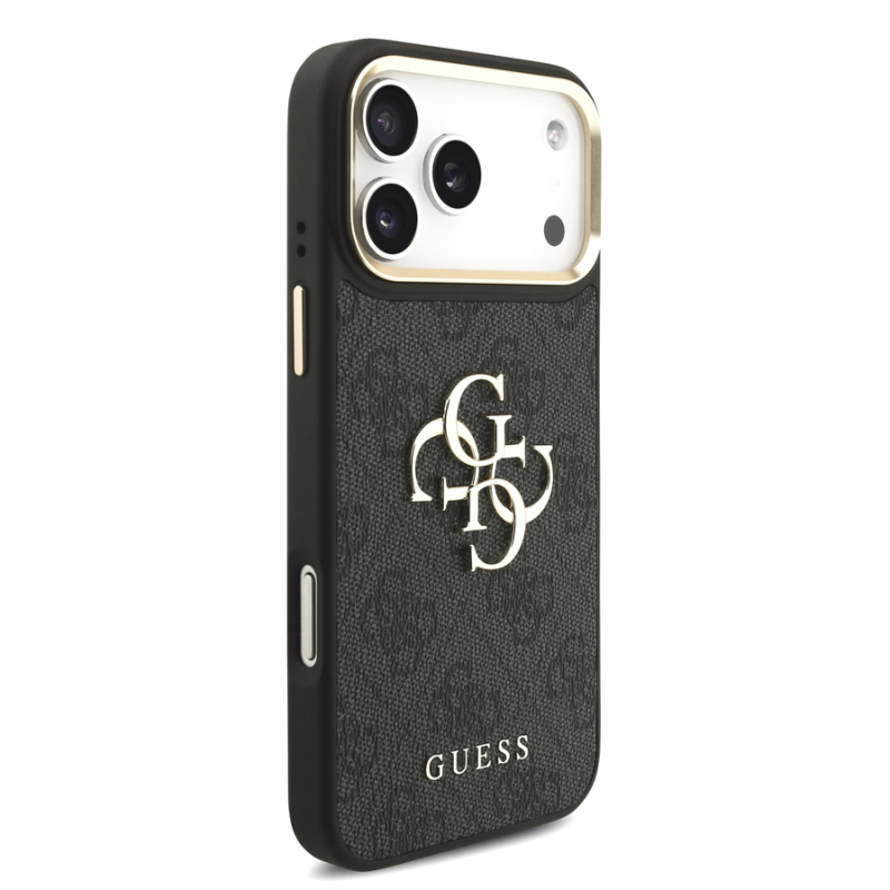 Guess PU Leather 4G Metal Logo Gold Frame Case for iPhone 18 Pro Max Black