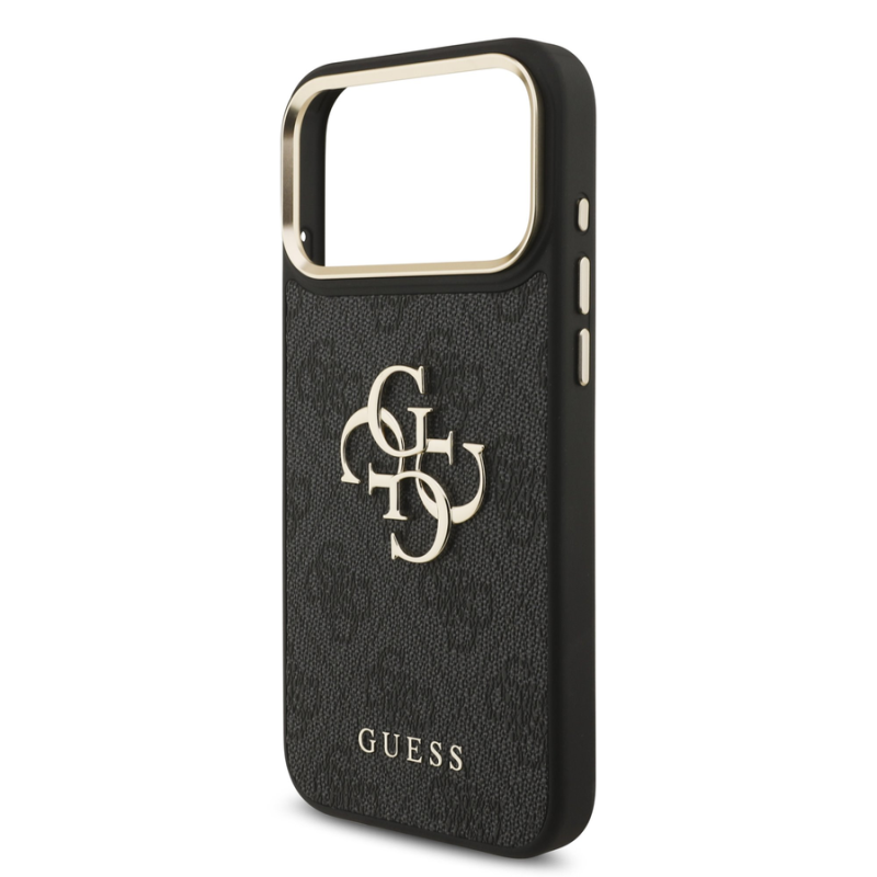 Guess PU Leather 4G Metal Logo Gold Frame Case for iPhone 18 Pro Max Black