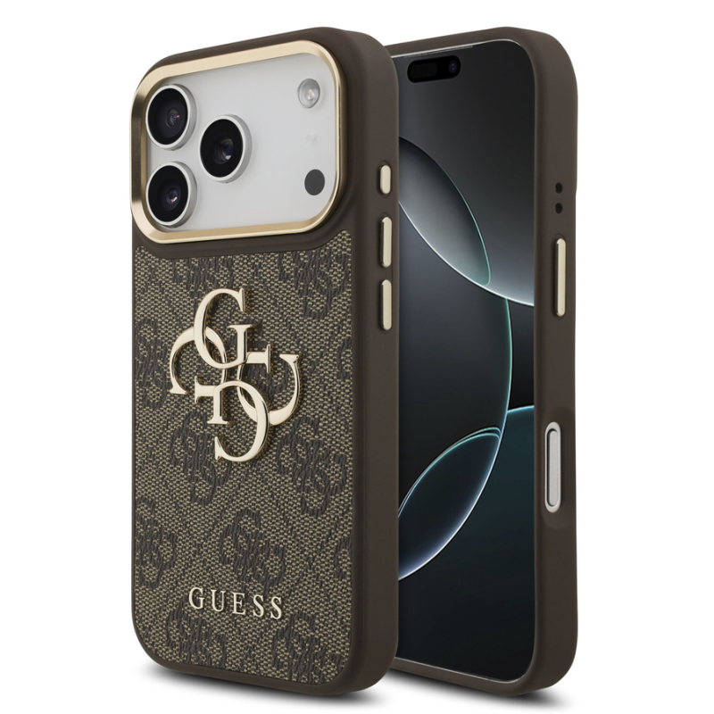 Guess PU Leather 4G Metal Logo Gold Frame Case for iPhone 18 Pro Brown