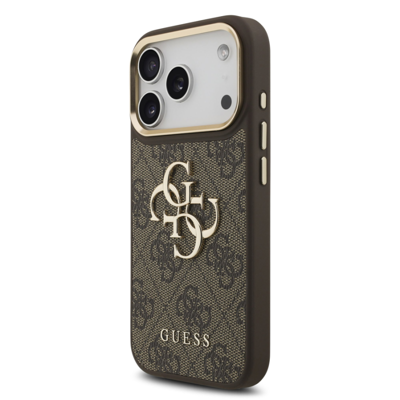 Guess PU Leather 4G Metal Logo Gold Frame Case for iPhone 18 Pro Brown