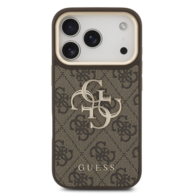 Guess PU Leather 4G Metal Logo Gold Frame Case for iPhone 18 Pro Brown