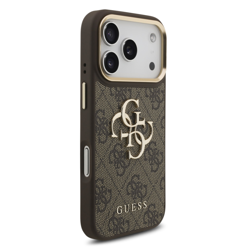 Guess PU Leather 4G Metal Logo Gold Frame Case for iPhone 18 Pro Brown