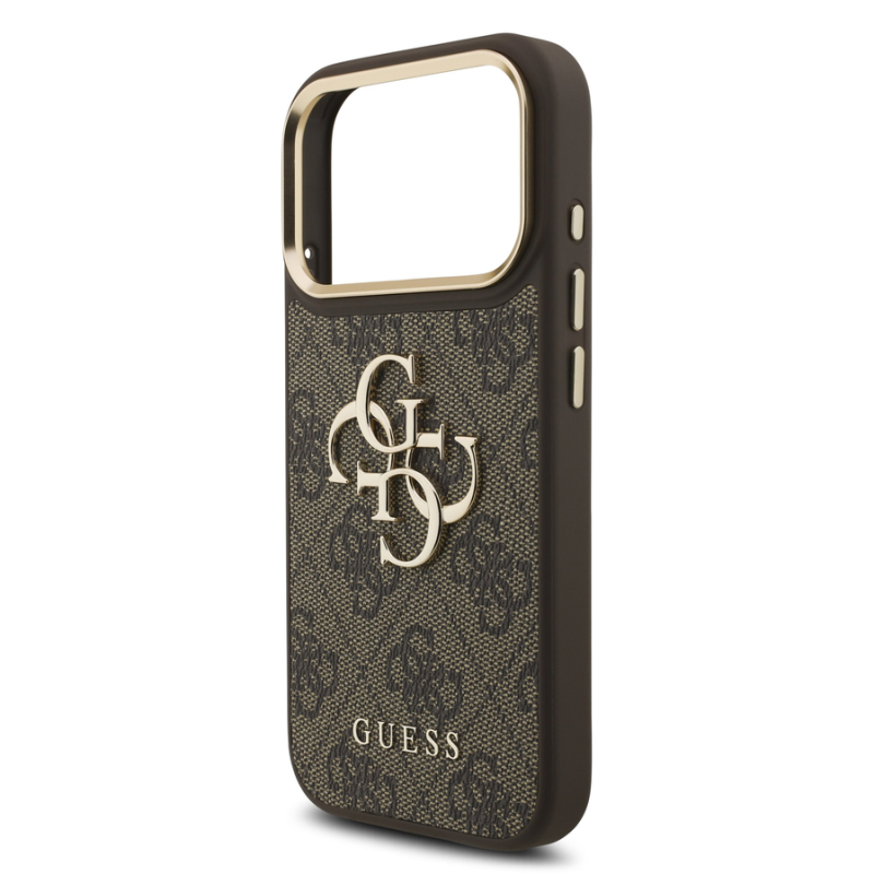 Guess PU Leather 4G Metal Logo Gold Frame Case for iPhone 18 Pro Brown