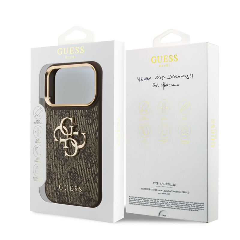 Guess PU Leather 4G Metal Logo Gold Frame Case for iPhone 18 Pro Brown