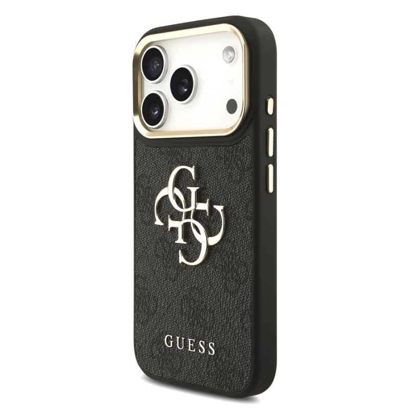 Guess PU Leather 4G Metal Logo Gold Frame Case for iPhone 18 Pro Black