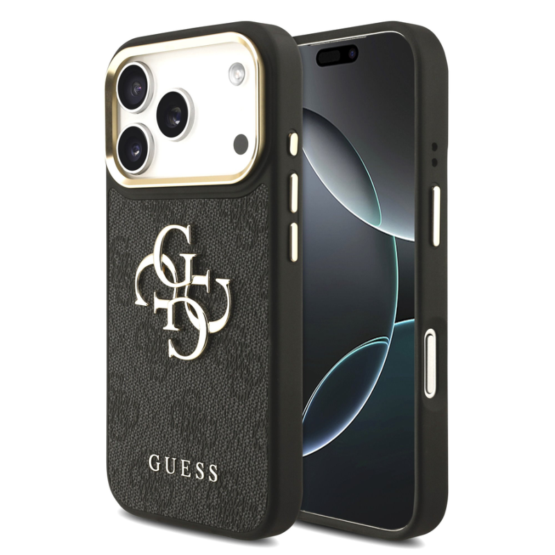 Guess PU Leather 4G Metal Logo Gold Frame Case for iPhone 18 Pro Black