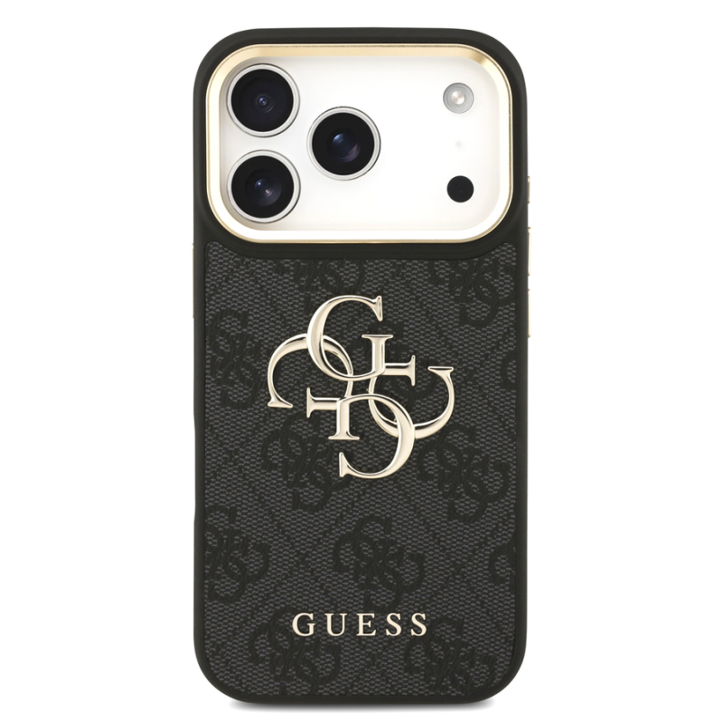 Guess PU Leather 4G Metal Logo Gold Frame Case for iPhone 18 Pro Black