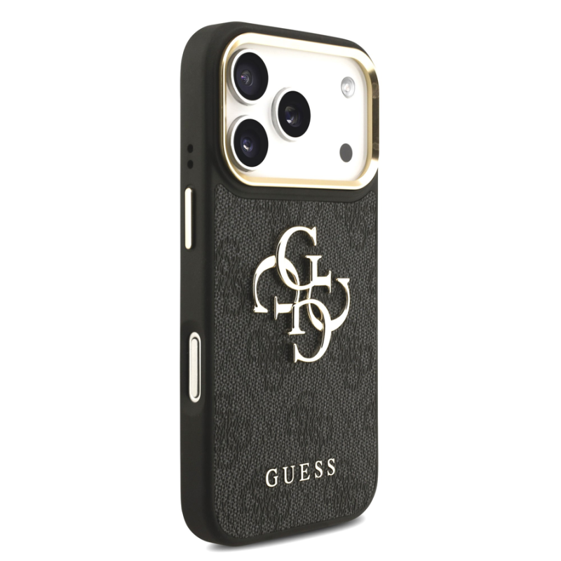 Guess PU Leather 4G Metal Logo Gold Frame Case for iPhone 18 Pro Black