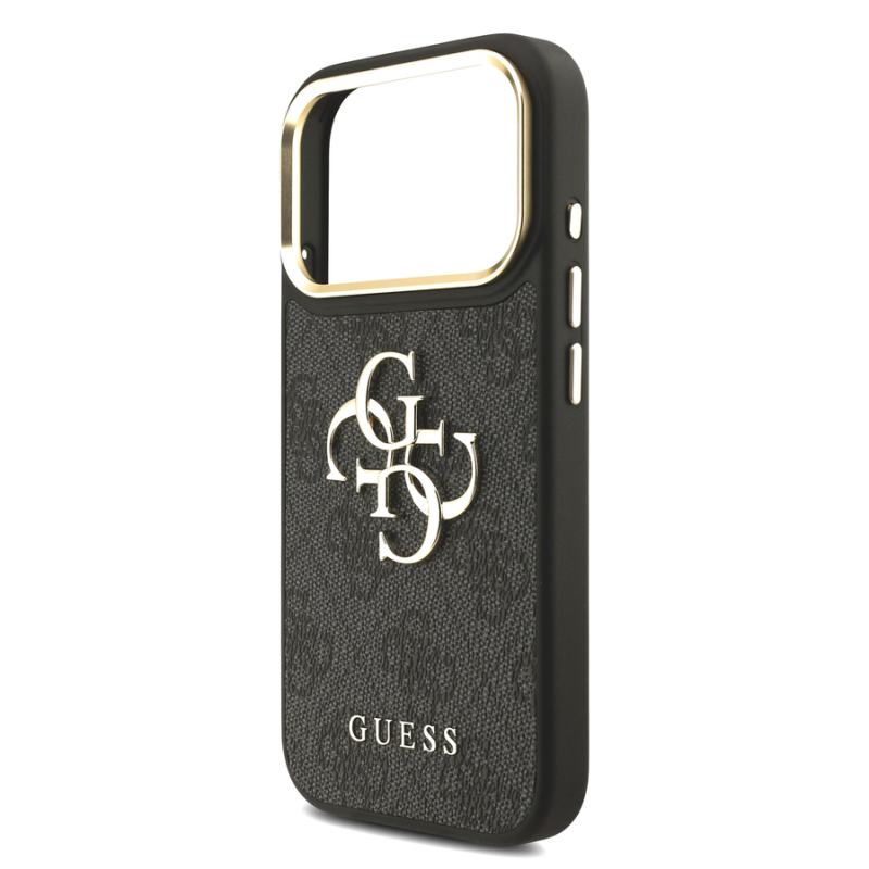 Guess PU Leather 4G Metal Logo Gold Frame Case for iPhone 18 Pro Black