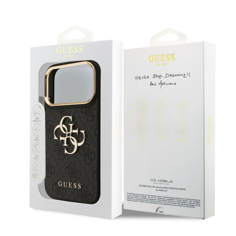 Guess PU Leather 4G Metal Logo Gold Frame Case for iPhone 18 Pro Black