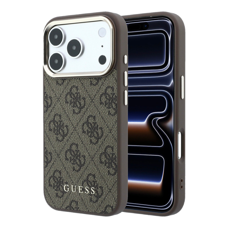 Guess PU Leather 4G Gold Frame MagSafe Case for iPhone 18 Pro Brown