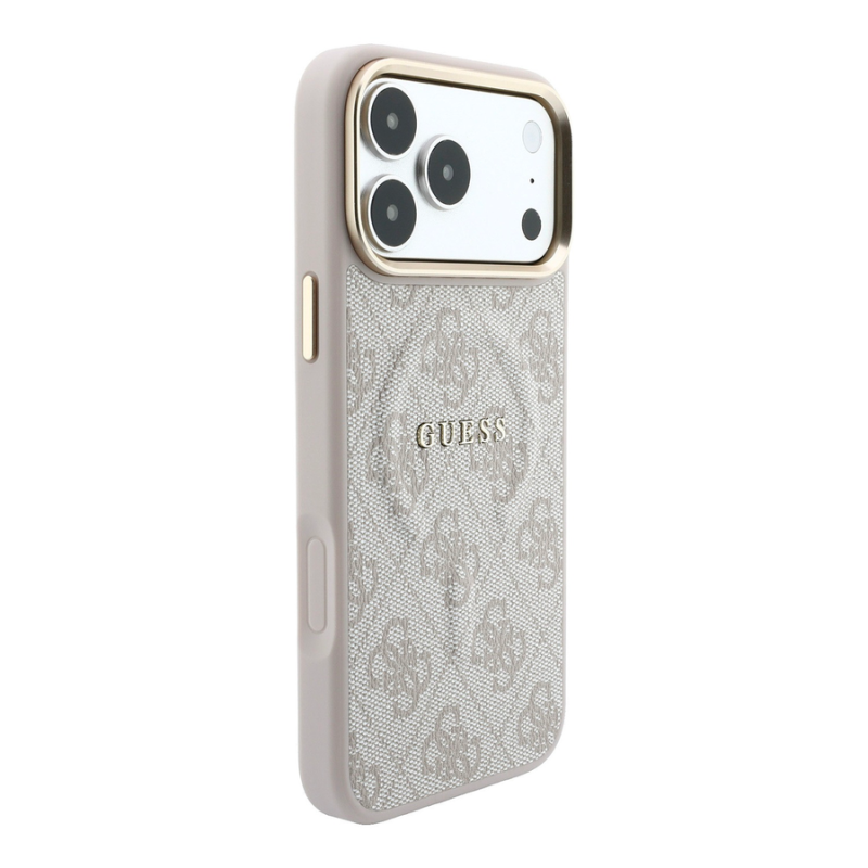 Guess PU Leather 4G Gold Frame Embossed MagSafe Case for iPhone 18 Pro Pink