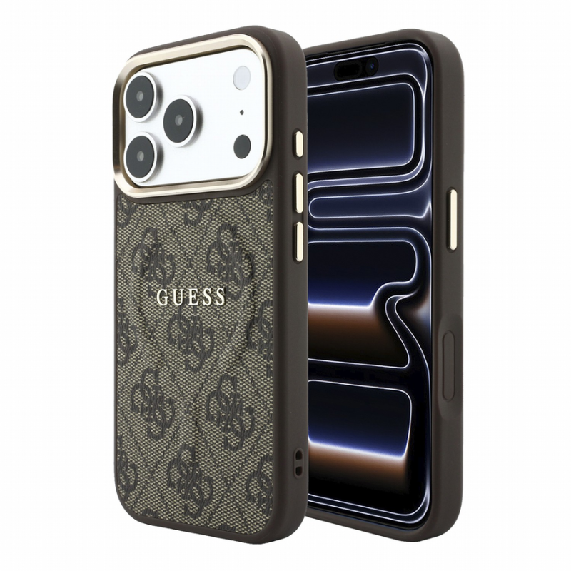 Guess PU Leather 4G Gold Frame Embossed MagSafe Case for iPhone 18 Pro Max Brown