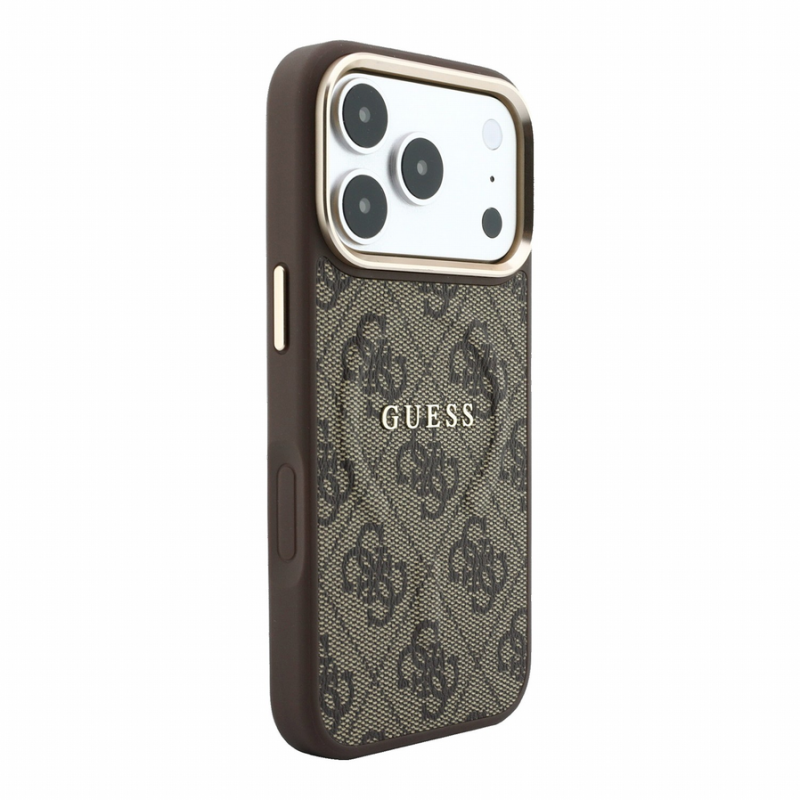 Guess PU Leather 4G Gold Frame Embossed MagSafe Case for iPhone 18 Pro Max Brown