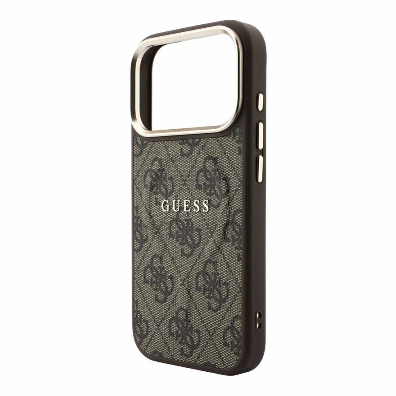Guess PU Leather 4G Gold Frame Embossed MagSafe Case for iPhone 18 Pro Max Brown