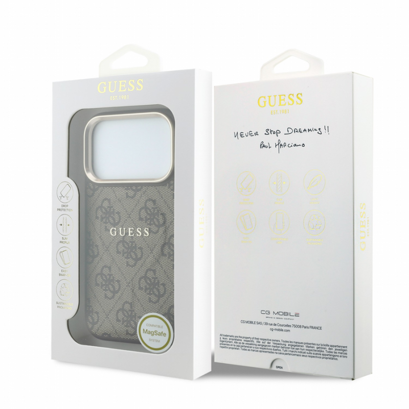Guess PU Leather 4G Gold Frame Embossed MagSafe Case for iPhone 18 Pro Max Brown
