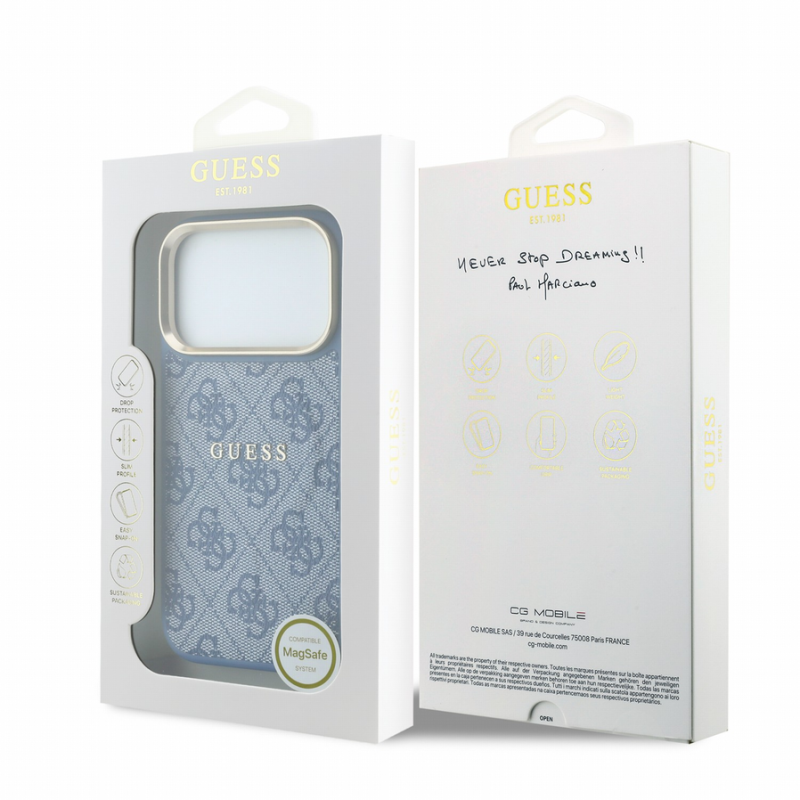 Guess PU Leather 4G Gold Frame Embossed MagSafe Case for iPhone 18 Pro Max Blue