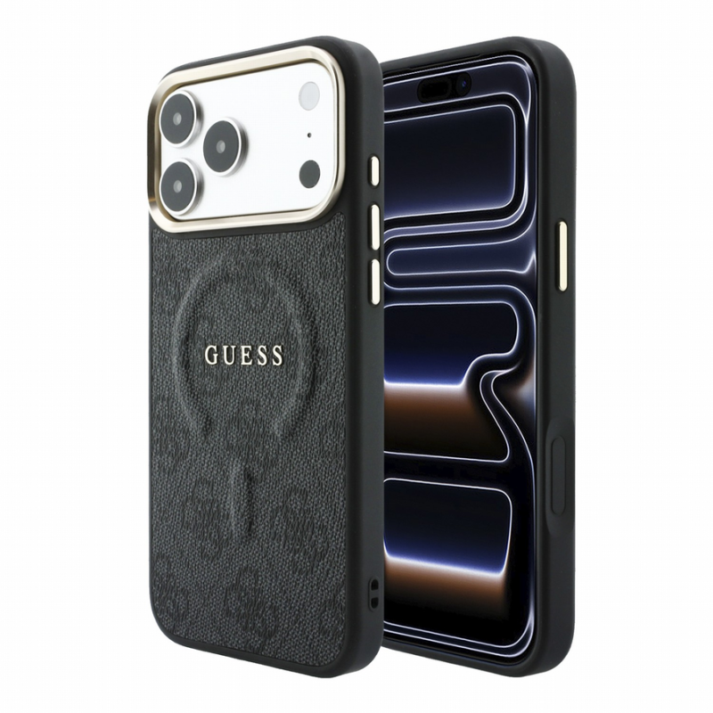 Guess PU Leather 4G Gold Frame Embossed MagSafe Case for iPhone 18 Pro Max Black