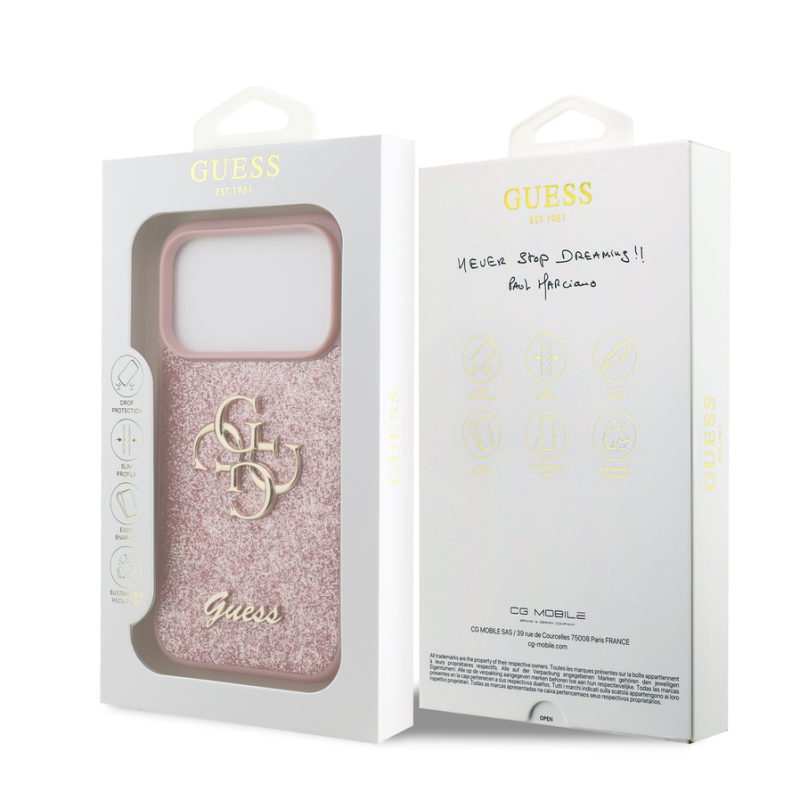 Guess PU Fixed Glitter 4G Metal Logo Case for iPhone 18 Pro Pink