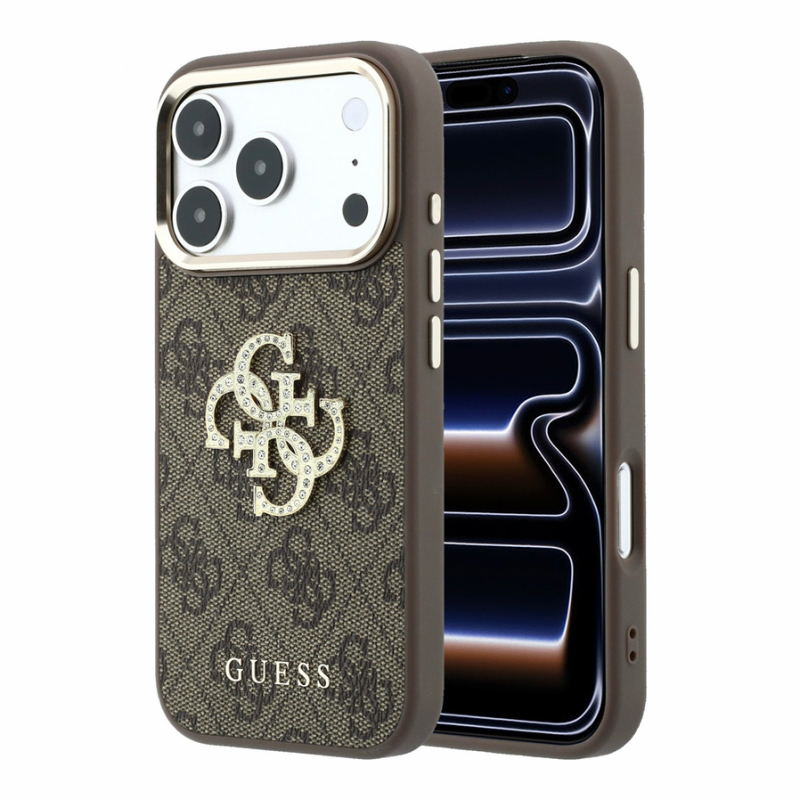 Guess PU 4G Strass Metal Logo Case for iPhone 18 Pro Max Brown