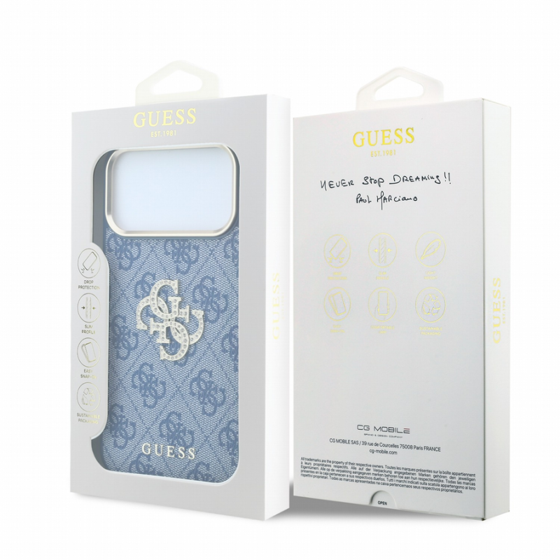 Guess PU 4G Strass Metal Logo Case for iPhone 18 Pro Blue