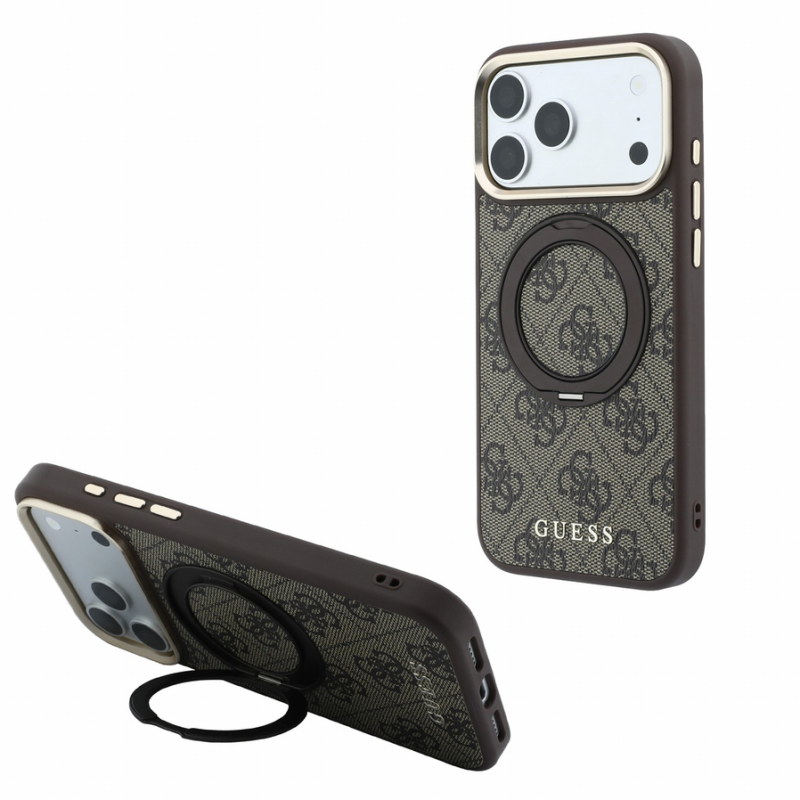 Guess PU 4G Ring Stand MagSafe Case for iPhone 18 Pro Max Brown