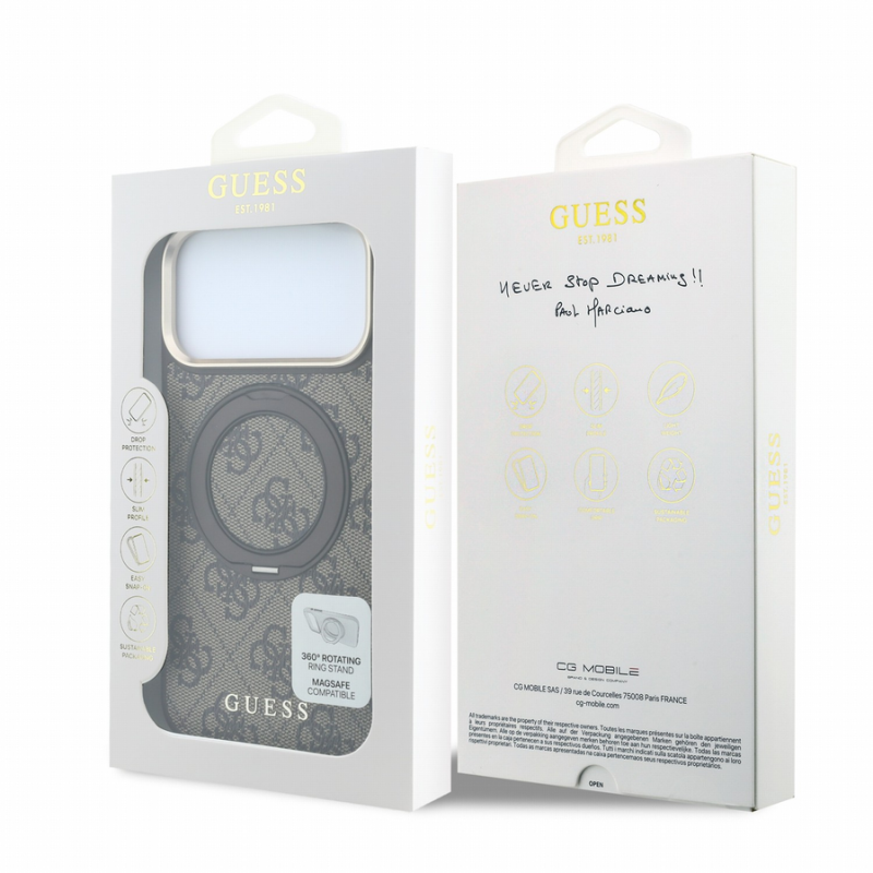 Guess PU 4G Ring Stand MagSafe Case for iPhone 18 Pro Max Brown