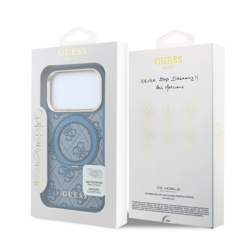 Guess PU 4G Ring Stand MagSafe Case for iPhone 18 Pro Max Blue