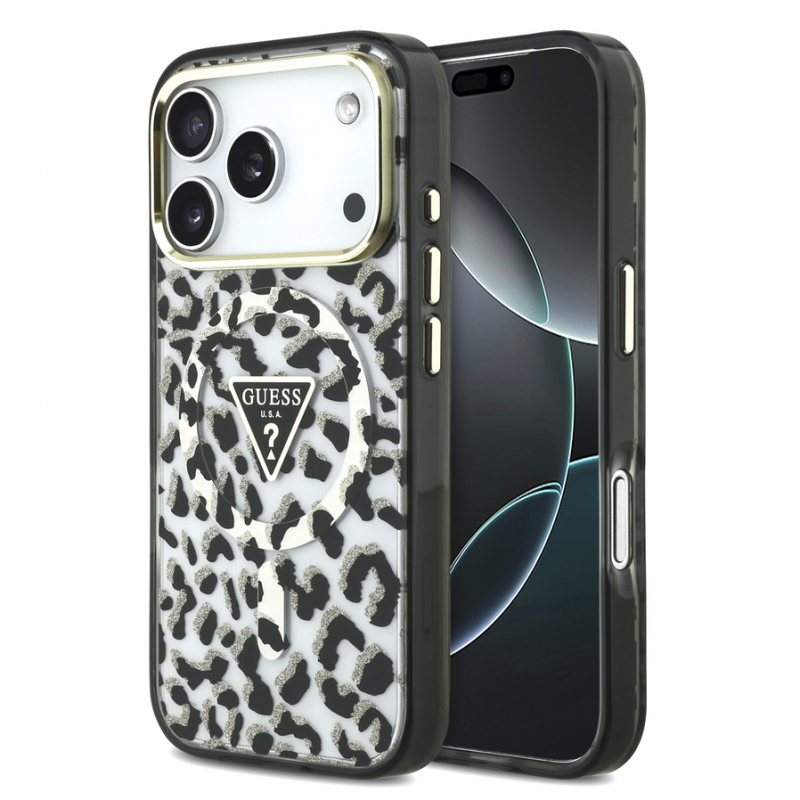 Guess IML Glitter Leopard Triangle Logo MagSafe Case for iPhone 18 Pro Max Black