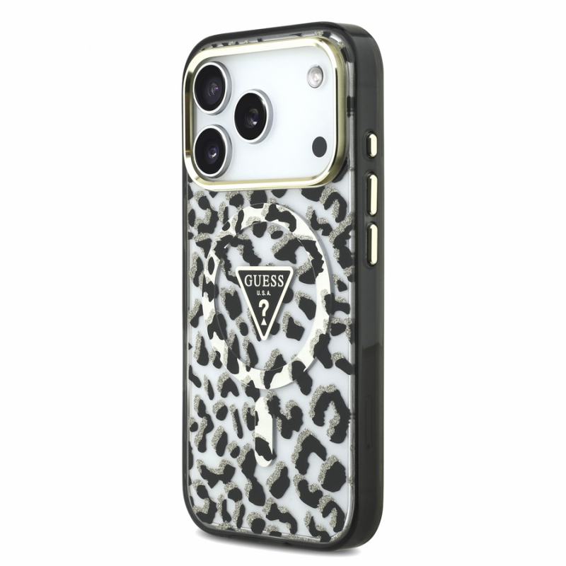 Guess IML Glitter Leopard Triangle Logo MagSafe Case for iPhone 18 Pro Max Black