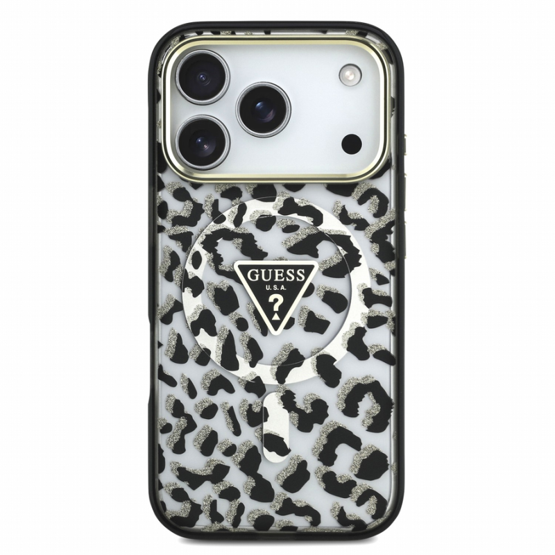 Guess IML Glitter Leopard Triangle Logo MagSafe Case for iPhone 18 Pro Max Black