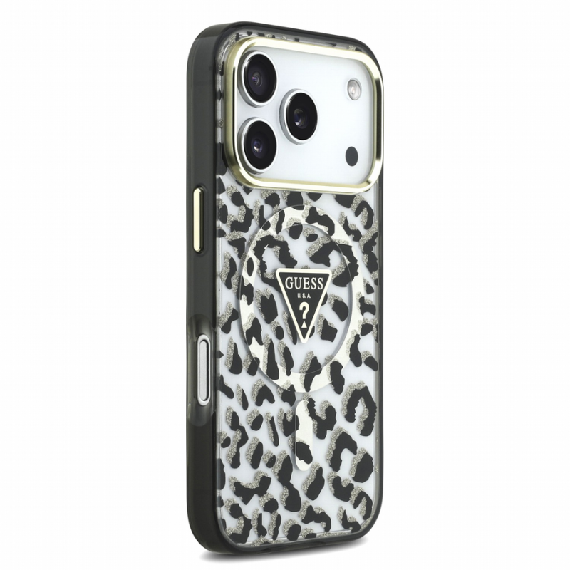 Guess IML Glitter Leopard Triangle Logo MagSafe Case for iPhone 18 Pro Max Black