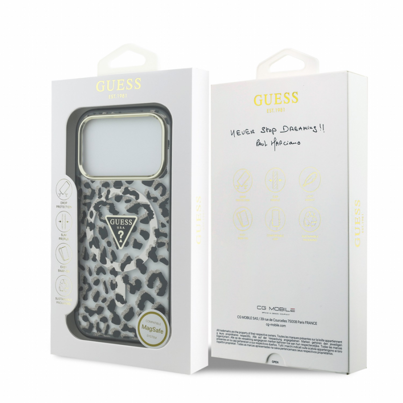 Guess IML Glitter Leopard Triangle Logo MagSafe Case for iPhone 18 Pro Max Black