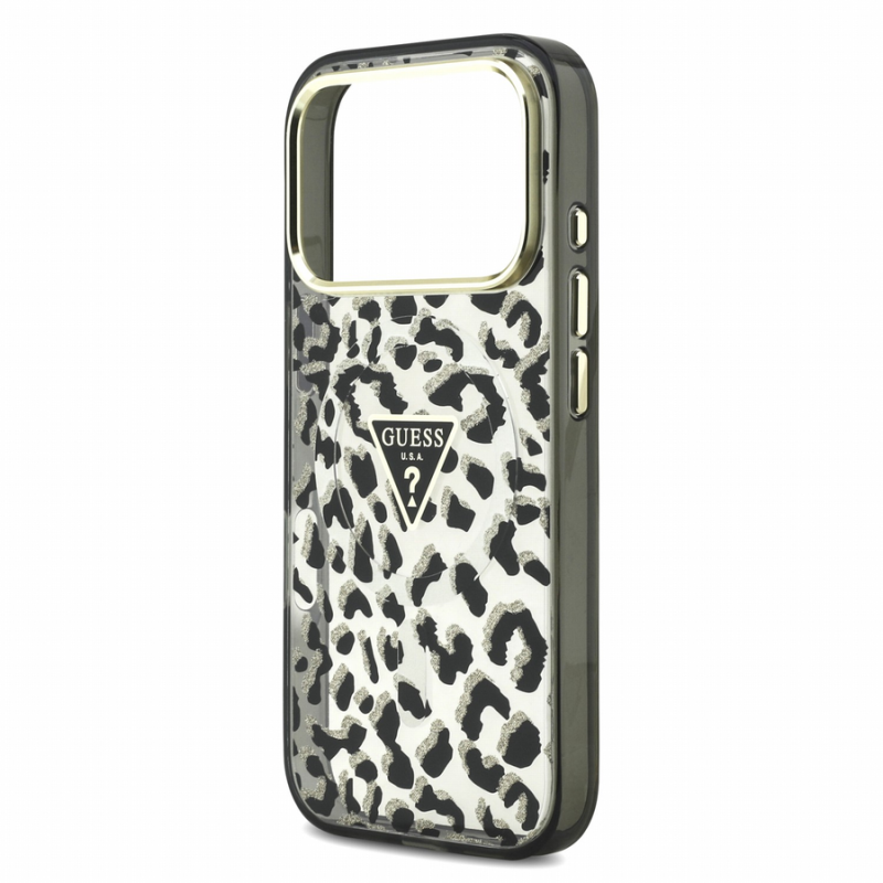 Guess IML Glitter Leopard Triangle Logo MagSafe Case for iPhone 18 Pro Black