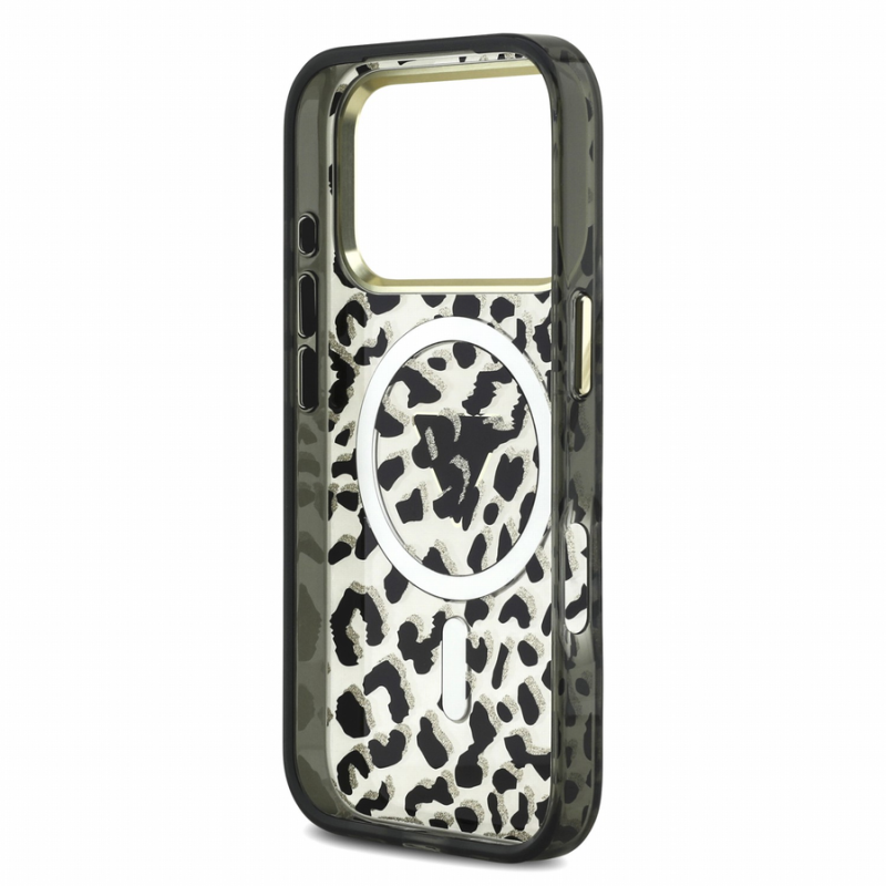 Guess IML Glitter Leopard Triangle Logo MagSafe Case for iPhone 18 Pro Black