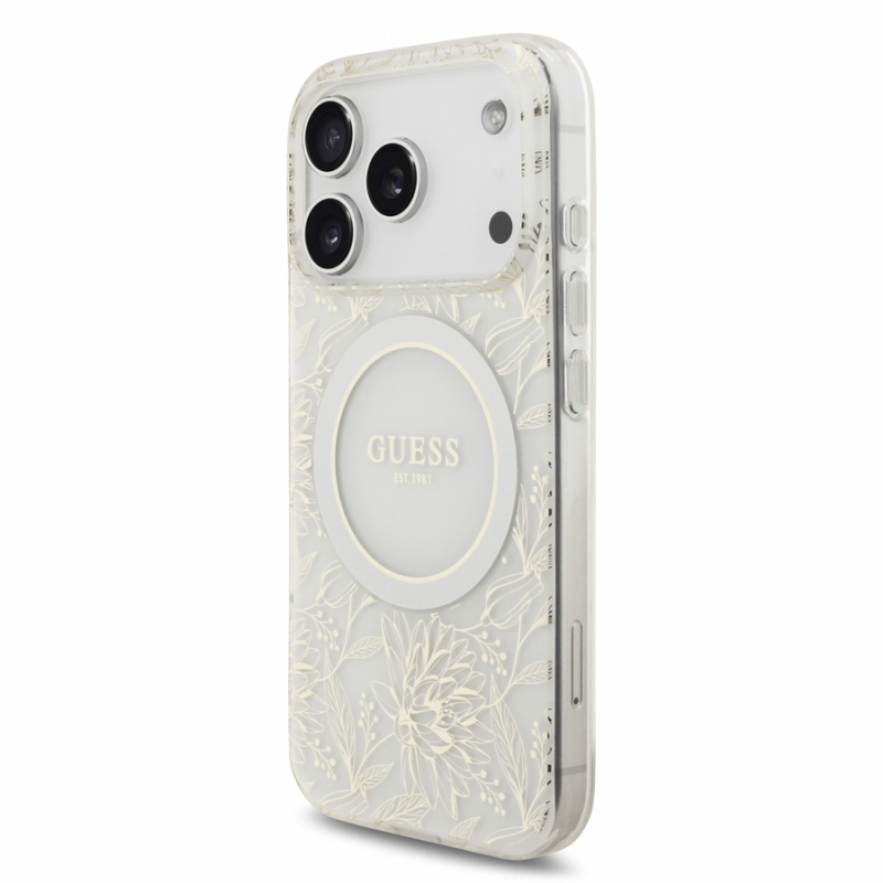 Guess IML Flowers Allover Strap MagSafe Case for iPhone 18 Pro White