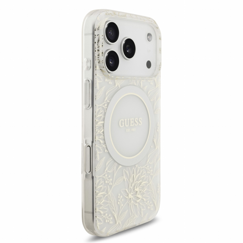 Guess IML Flowers Allover Strap MagSafe Case for iPhone 18 Pro White