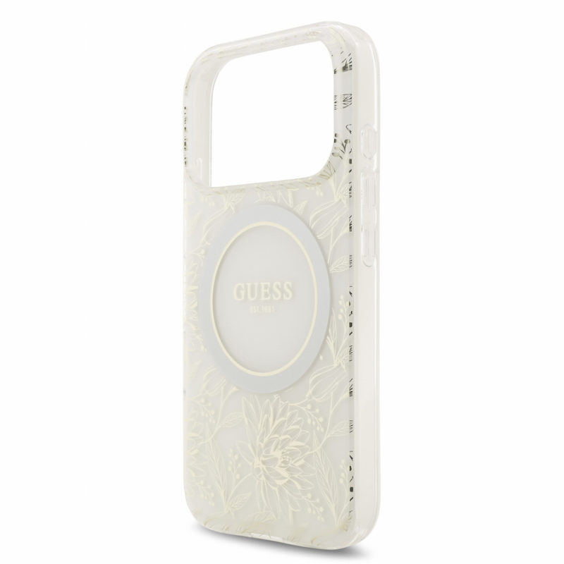 Guess IML Flowers Allover Strap MagSafe Case for iPhone 18 Pro White