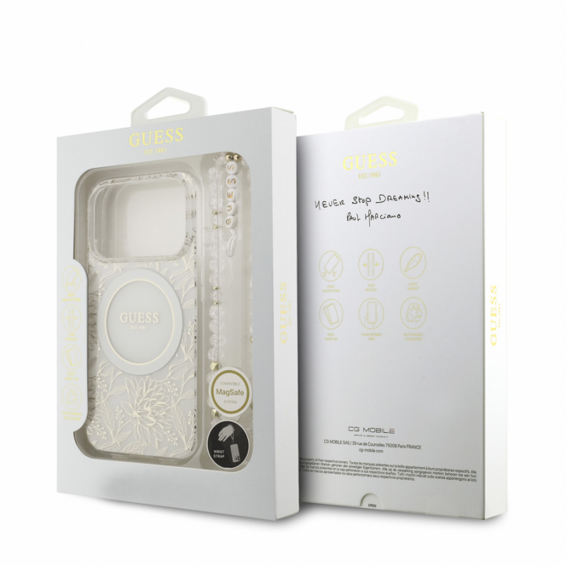 Guess IML Flowers Allover Strap MagSafe Case for iPhone 18 Pro White