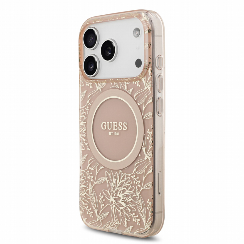 Guess IML Flowers Allover Strap MagSafe Case for iPhone 18 Pro Pink
