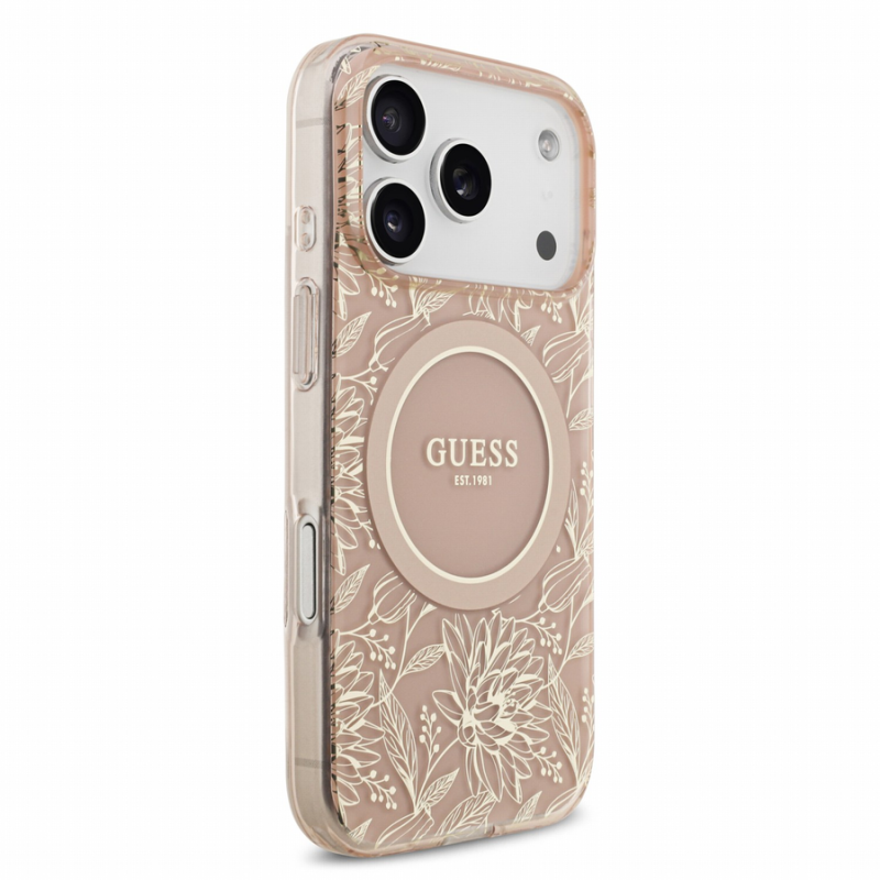 Guess IML Flowers Allover Strap MagSafe Case for iPhone 18 Pro Pink