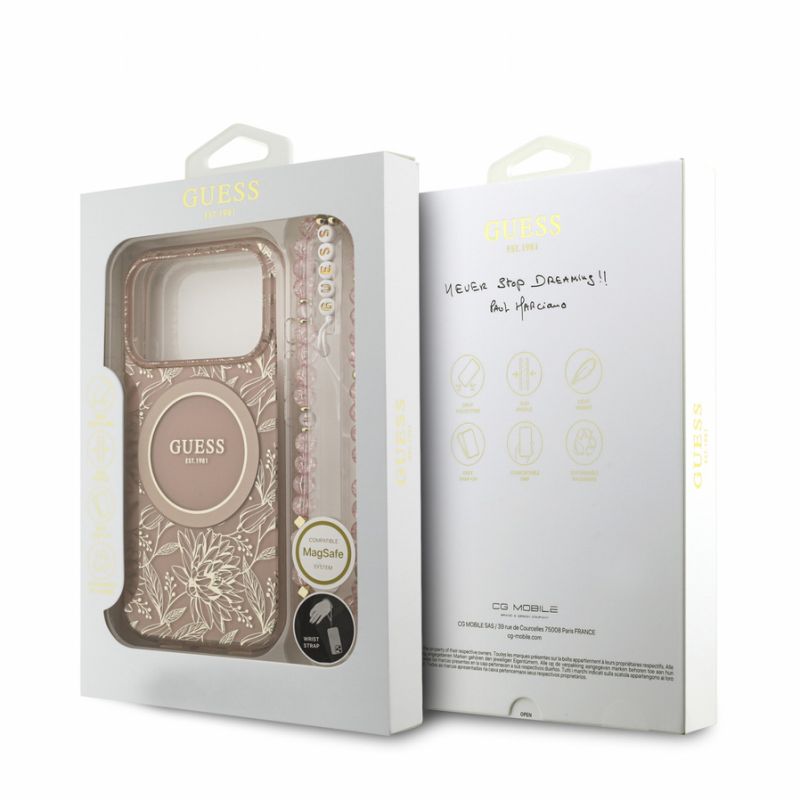 Guess IML Flowers Allover Strap MagSafe Case for iPhone 18 Pro Pink
