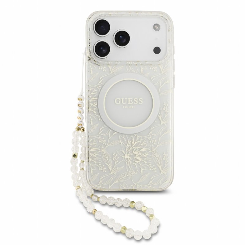 Guess IML Flowers Allover Strap MagSafe Case for iPhone 18 Pro Max White