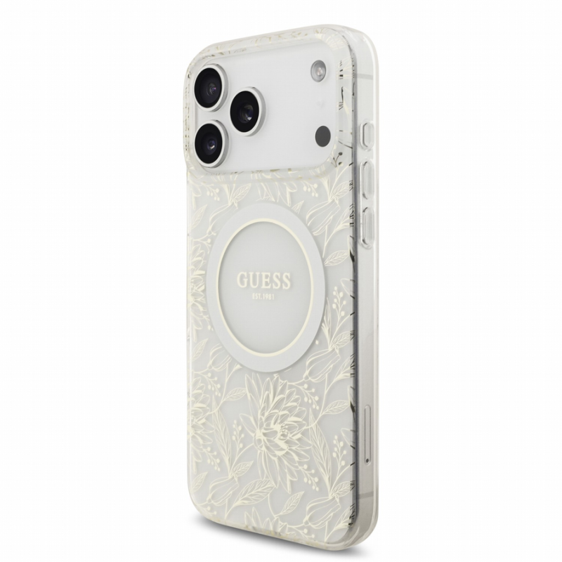 Guess IML Flowers Allover Strap MagSafe Case for iPhone 18 Pro Max White