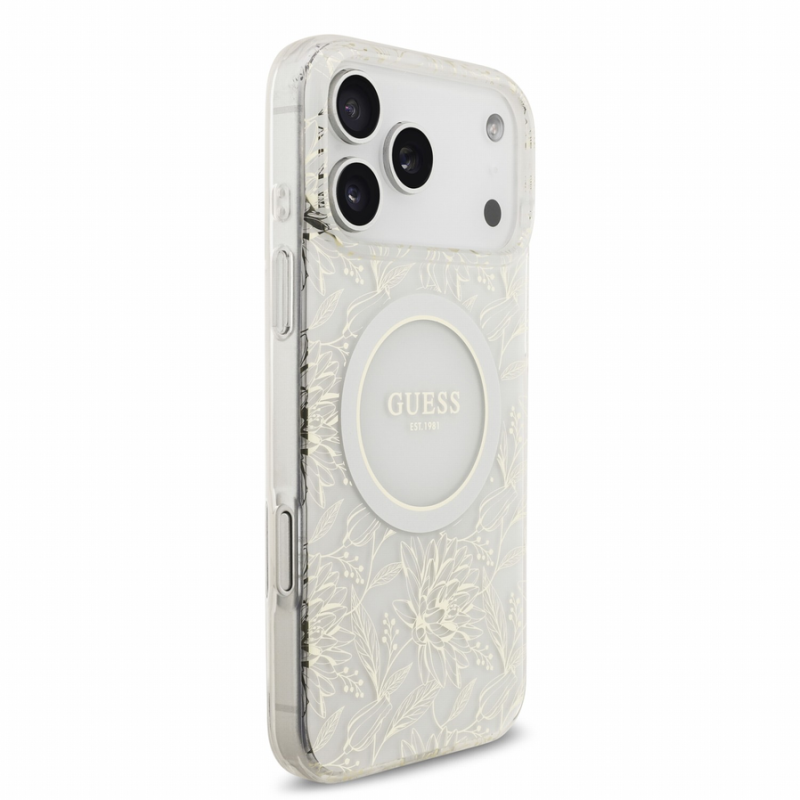 Guess IML Flowers Allover Strap MagSafe Case for iPhone 18 Pro Max White
