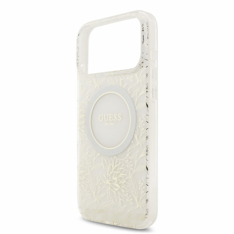 Guess IML Flowers Allover Strap MagSafe Case for iPhone 18 Pro Max White